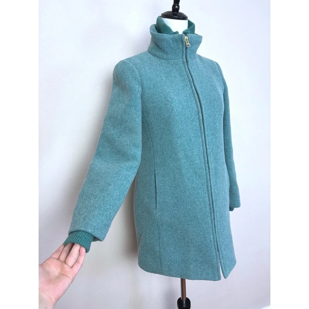 J. Crew Italian Stadium Cloth Lodge Teal Wool Coat Size 2 Full Zip Mock Neck
